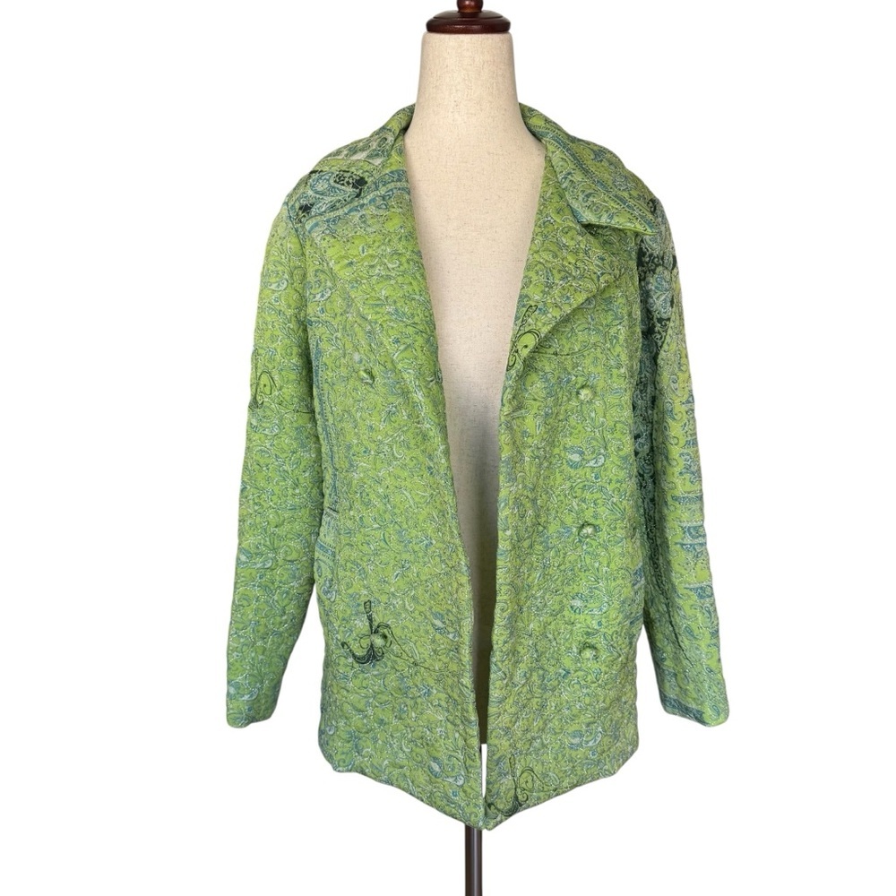 Vintage 90s y2k Tracy Feith Silk Green Paisley Quilted Blazer Jacket sz 2 XS - Picture 12 of 13